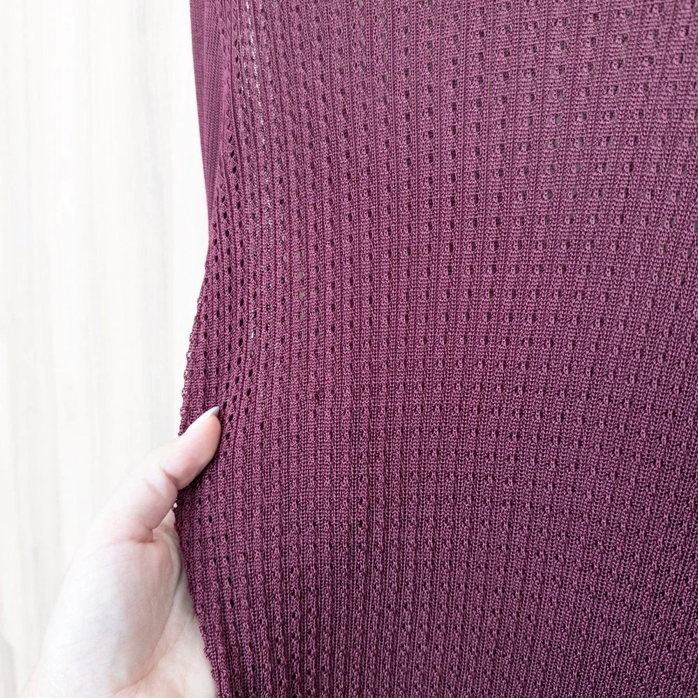 Free People H2O Crew Pullover Sheer Long Sleeve Top XL Burgundy Open Knit Layer